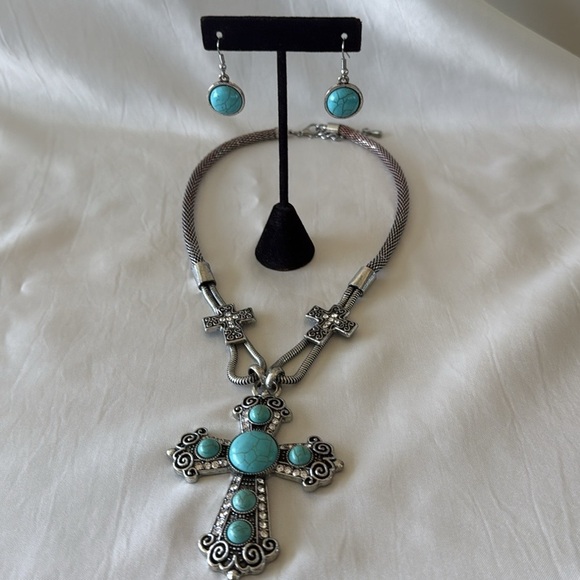 Silver Turquoise Rhinestone Cross Pendant Wire Mesh Necklace Dangle Earring Set - Picture 11 of 13